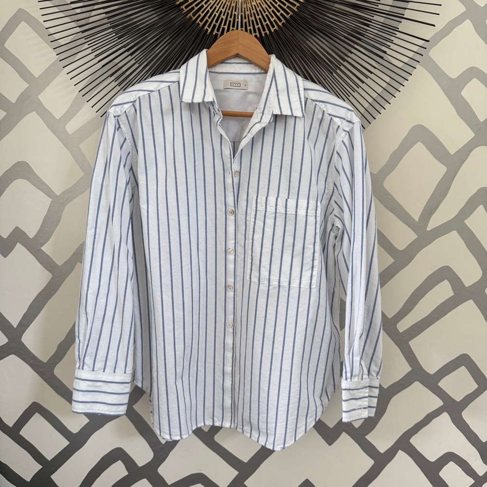 AYR The Deep End Button Down Shirt in white with blue stripes, M